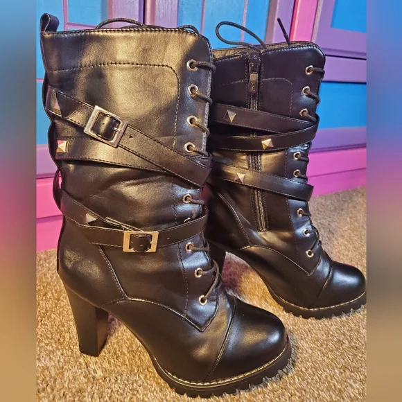 Hot Black Leather Boots Side Zip Buckle Strap Chunky High Heel with Studs Size 8 - Picture 10 of 13